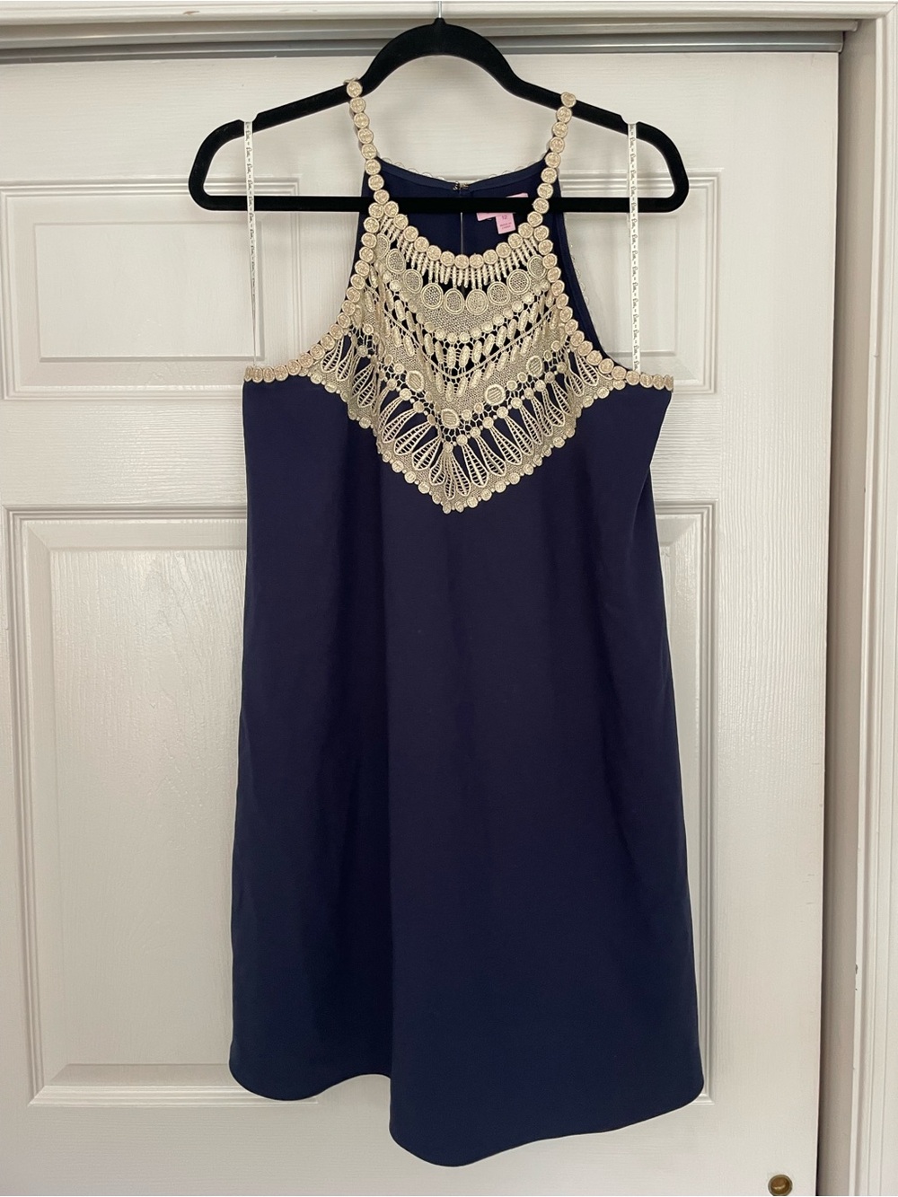 Lilly Pulitzer Navy Shift Dress with Gold Crochet Neck